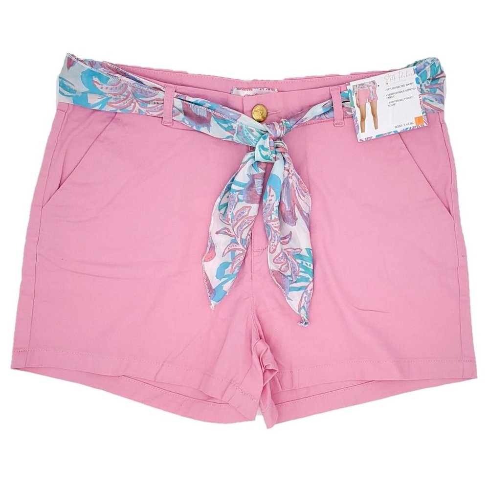 Stella Parker Women's Stylish Belted Short w/ Printed Waist Scarf  Pink Size 8